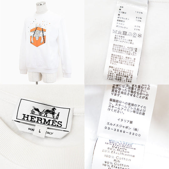 HERMES sweat 100% cotton, decorative parts: 80% nylon, 20% polyurethane [Rib] 90% cotton, 10% polyurethane White, Multicolor mens L Used Authentic