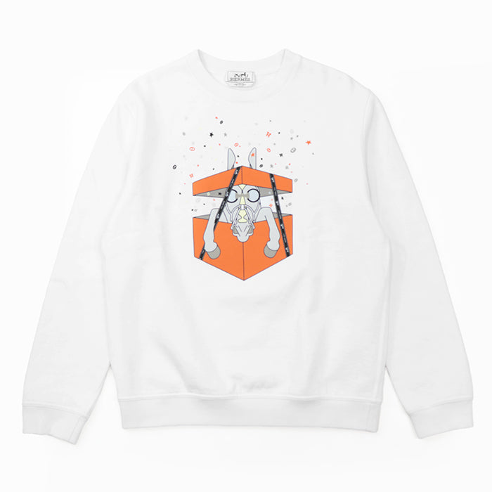 HERMES sweat 100% cotton, decorative parts: 80% nylon, 20% polyurethane [Rib] 90% cotton, 10% polyurethane White, Multicolor mens L Used Authentic
