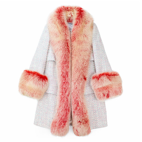 CHANEL coat [Outer material] 96% wool, 2% polyester [Lining] 51% wool, 49% silk [Fur] 100% fox Pink, White P18472 Women 36 Used Authentic