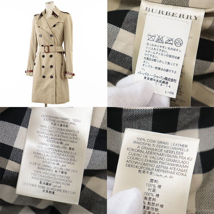 BURBERRY trench coat [Outer material] 100% cotton [Lining] 100% cotton [Sleeve lining] 100% viscose [Leather part] 100% cowhide beige Women Used Authentic