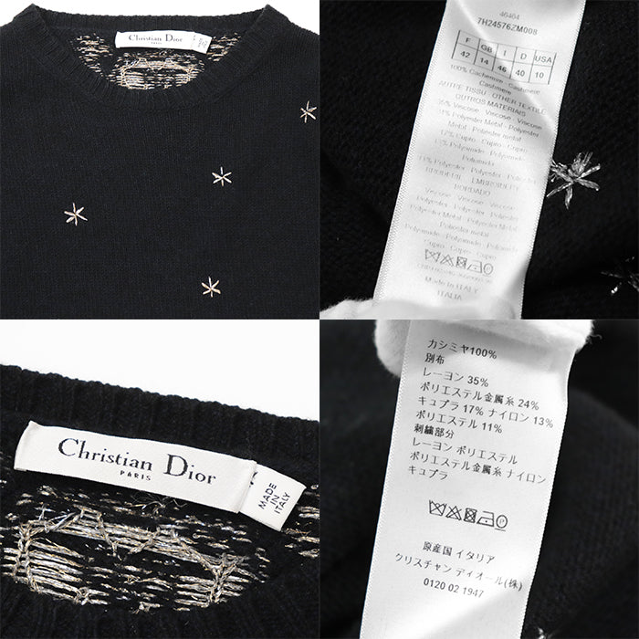 Christian Dior knit 100% cashmere, other fabric: 35% rayon, 24% polyester metal thread, 17% cupra, 13% nylon, 11% polyester Black, Blue 7H24576ZM008 Women 42 Used Authentic
