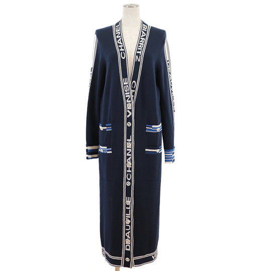 CHANEL cardigan Cashmere 100% Navy white P60732 Women 38 Used Authentic