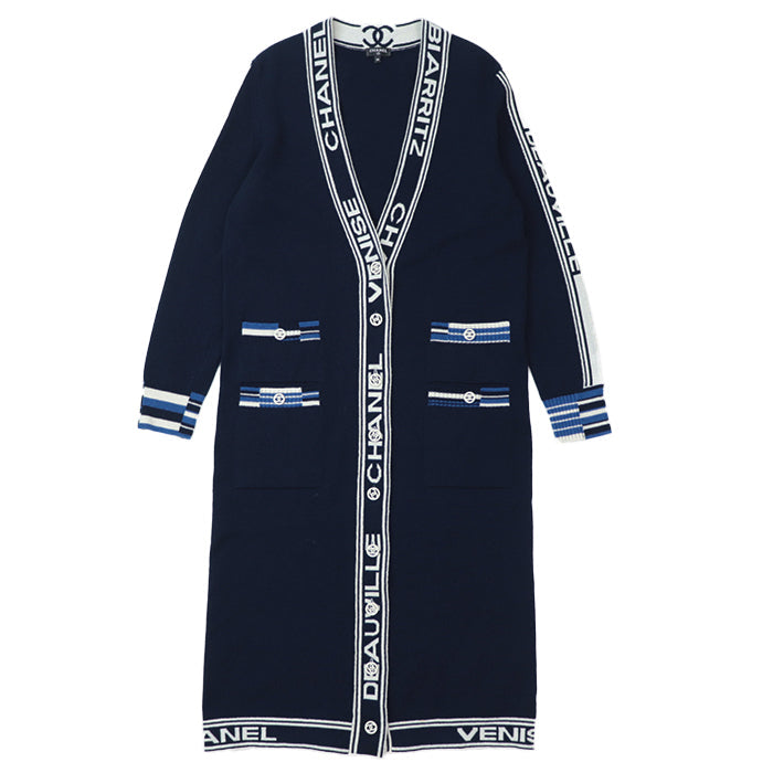 CHANEL cardigan Cashmere 100% Navy white P60732 Women 38 Used Authentic
