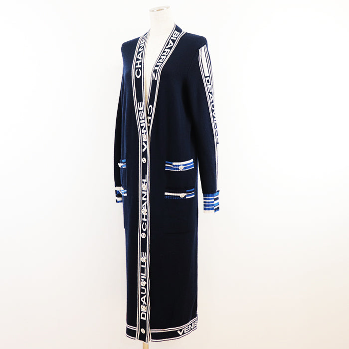 CHANEL cardigan Cashmere 100% Navy white P60732 Women 38 Used Authentic