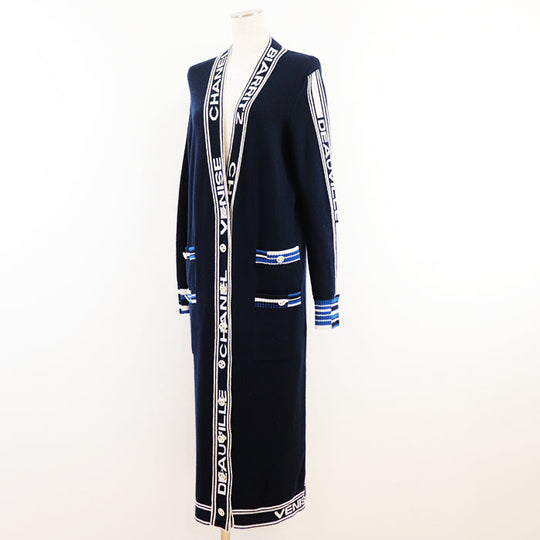 CHANEL cardigan Cashmere 100% Navy white P60732 Women 38 Used Authentic
