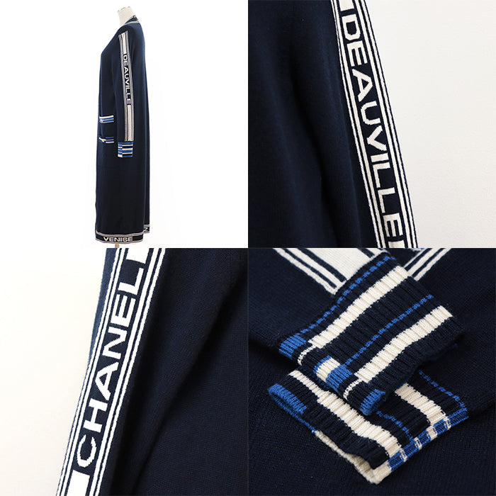 CHANEL cardigan Cashmere 100% Navy white P60732 Women 38 Used Authentic