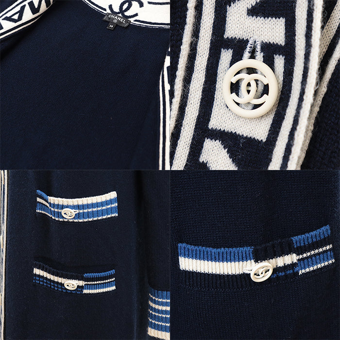 CHANEL cardigan Cashmere 100% Navy white P60732 Women 38 Used Authentic