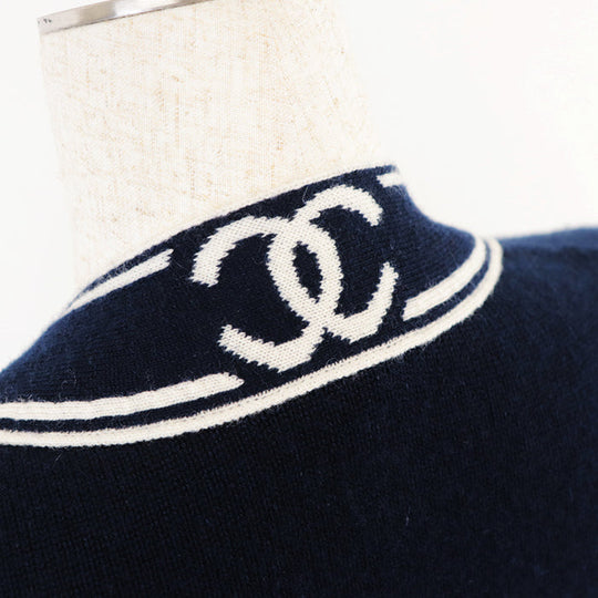 CHANEL cardigan Cashmere 100% Navy white P60732 Women 38 Used Authentic