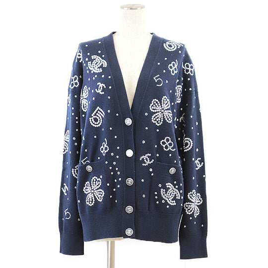 CHANEL knit 100% cashmere [Rib] 99% cashmere, 1% elastane Navy, White P74636 Women 38 Used Authentic