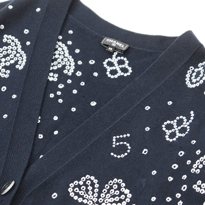 CHANEL knit 100% cashmere [Rib] 99% cashmere, 1% elastane Navy, White P74636 Women 38 Used Authentic