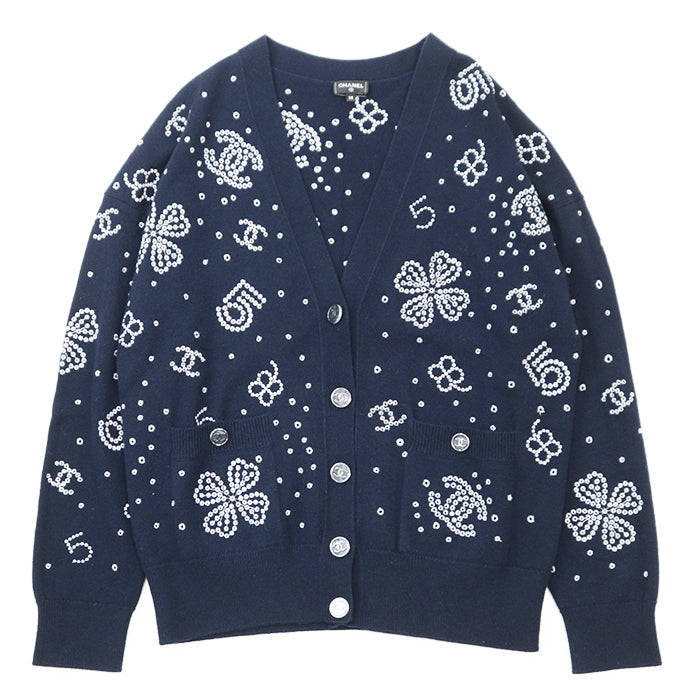 CHANEL knit 100% cashmere [Rib] 99% cashmere, 1% elastane Navy, White P74636 Women 38 Used Authentic