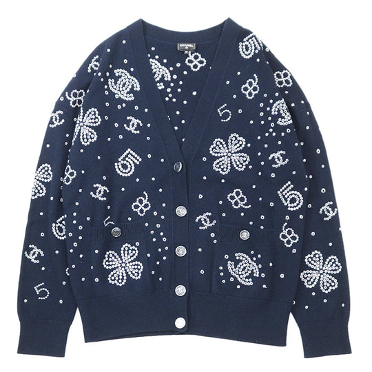 CHANEL knit 100% cashmere [Rib] 99% cashmere, 1% elastane Navy, White P74636 Women 38 Used Authentic