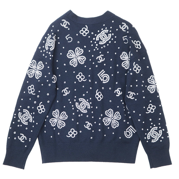 CHANEL knit 100% cashmere [Rib] 99% cashmere, 1% elastane Navy, White P74636 Women 38 Used Authentic