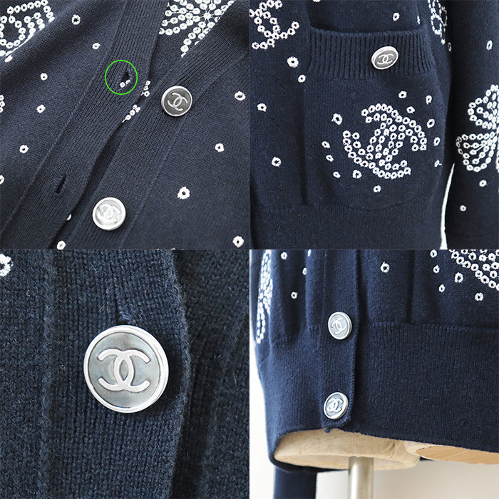 CHANEL knit 100% cashmere [Rib] 99% cashmere, 1% elastane Navy, White P74636 Women 38 Used Authentic