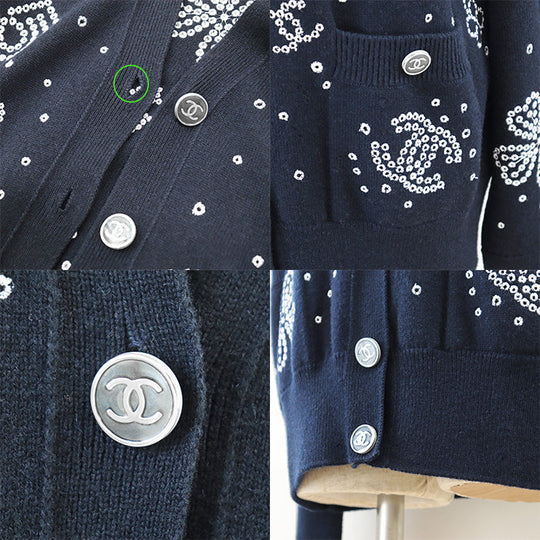 CHANEL knit 100% cashmere [Rib] 99% cashmere, 1% elastane Navy, White P74636 Women 38 Used Authentic