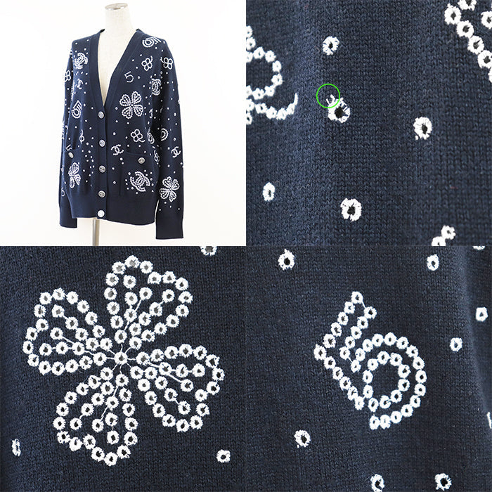 CHANEL knit 100% cashmere [Rib] 99% cashmere, 1% elastane Navy, White P74636 Women 38 Used Authentic