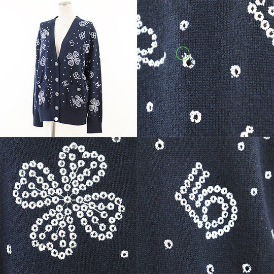 CHANEL knit 100% cashmere [Rib] 99% cashmere, 1% elastane Navy, White P74636 Women 38 Used Authentic