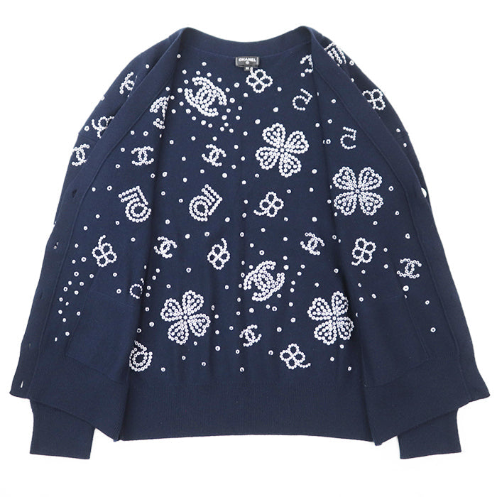 CHANEL knit 100% cashmere [Rib] 99% cashmere, 1% elastane Navy, White P74636 Women 38 Used Authentic