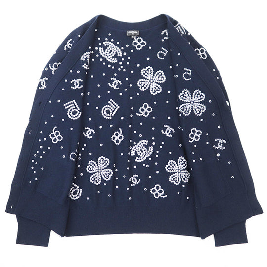 CHANEL knit 100% cashmere [Rib] 99% cashmere, 1% elastane Navy, White P74636 Women 38 Used Authentic