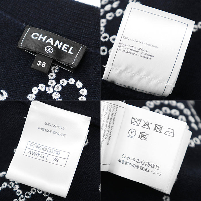 CHANEL knit 100% cashmere [Rib] 99% cashmere, 1% elastane Navy, White P74636 Women 38 Used Authentic