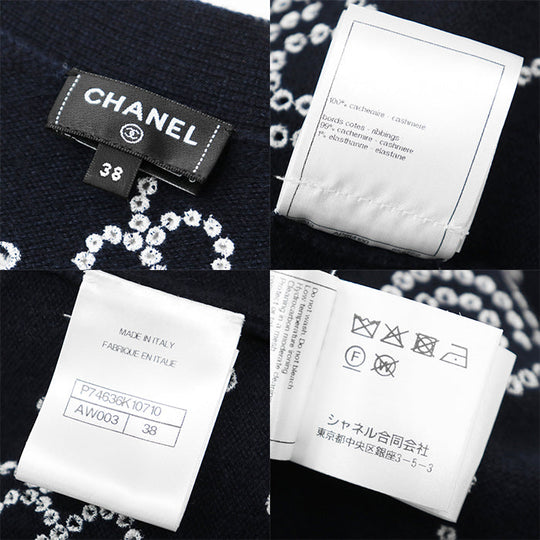 CHANEL knit 100% cashmere [Rib] 99% cashmere, 1% elastane Navy, White P74636 Women 38 Used Authentic