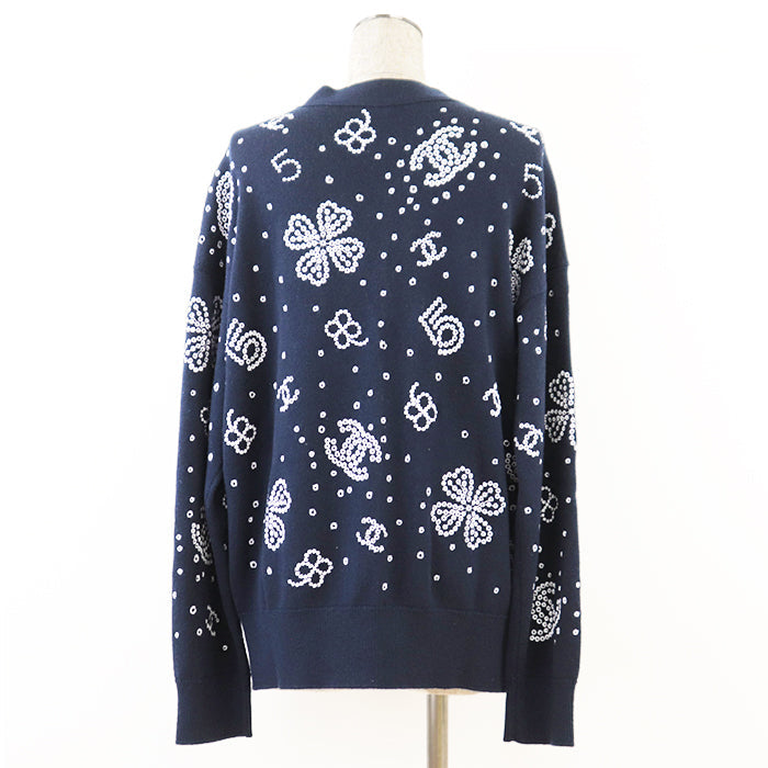 CHANEL knit 100% cashmere [Rib] 99% cashmere, 1% elastane Navy, White P74636 Women 38 Used Authentic