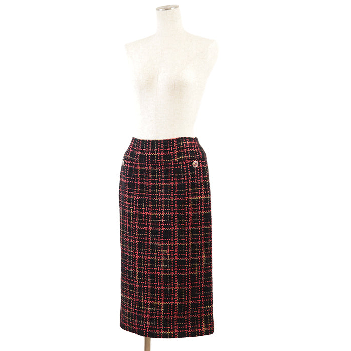 CHANEL skirt [Outer material] 43% cotton, 22% wool [Lining] 100% silk Black Red Mustard Women 36 Used Authentic