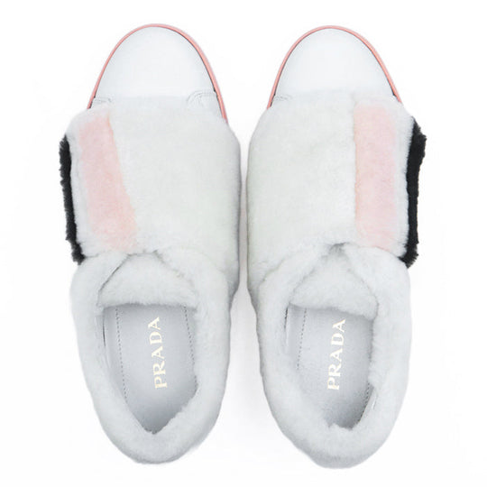 PRADA sneakers Fur, Leather white 1E778H Women 38 Used Authentic