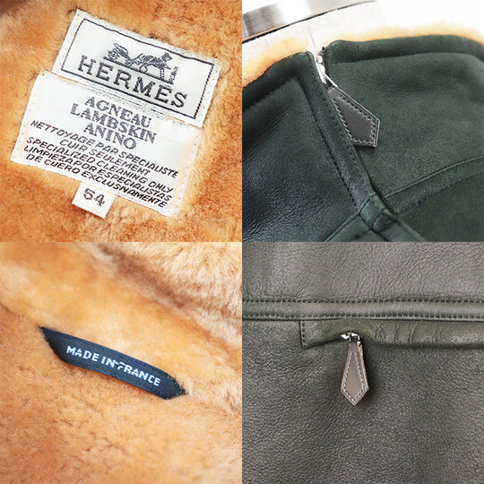 HERMES Blouson Lambskin %, Wool % Moss green, orange mens 54 Used Authentic
