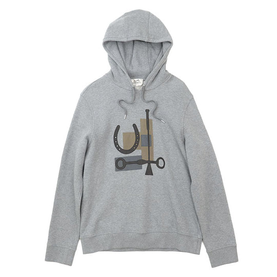 HERMES Hoodie 100% cotton, knit part: 90% cotton, 10% polyurethane [leather part] 100% sheep leather gray mens L Used Authentic