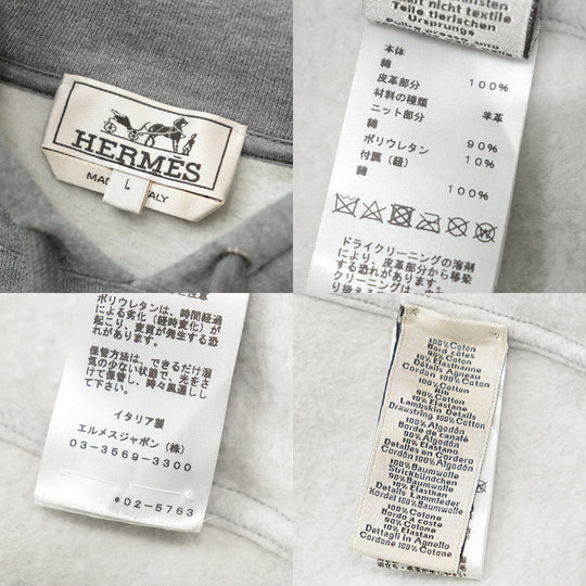 HERMES Hoodie 100% cotton, knit part: 90% cotton, 10% polyurethane [leather part] 100% sheep leather gray mens L Used Authentic