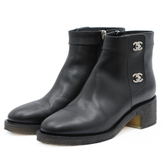 CHANEL boots leather black Women 38 C Used Authentic