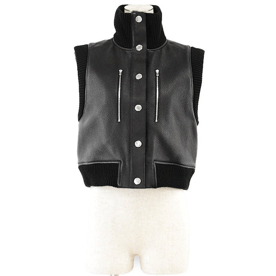 HERMES Vest [Lining] 66% polyester, 34% cotton [Leather part] Deerskin black 3H1210D2 Women 38 Used Authentic