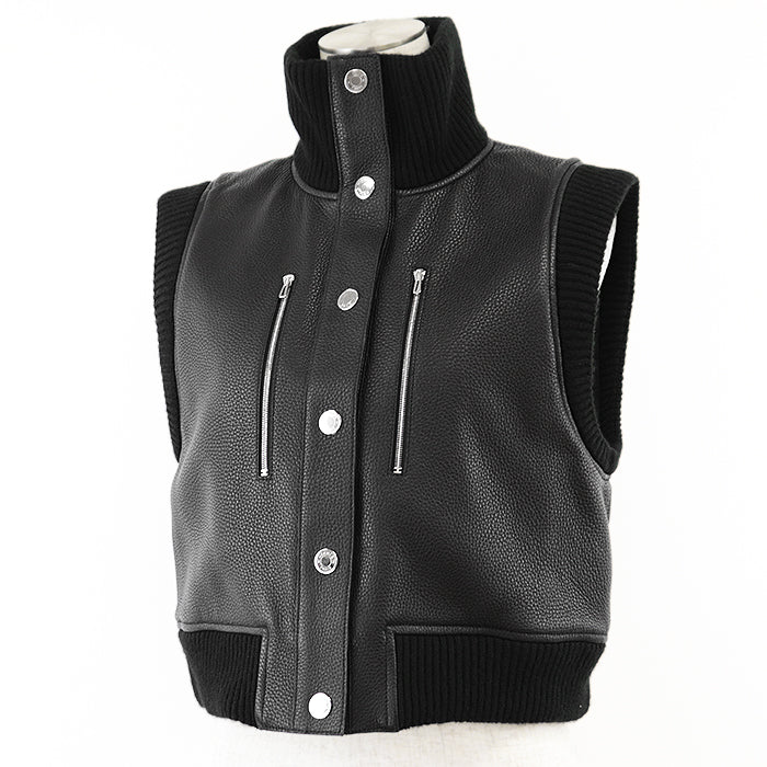 HERMES Vest [Lining] 66% polyester, 34% cotton [Leather part] Deerskin black 3H1210D2 Women 38 Used Authentic