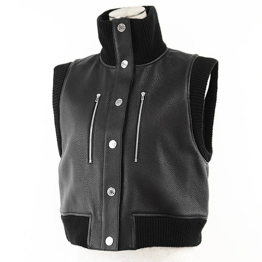 HERMES Vest [Lining] 66% polyester, 34% cotton [Leather part] Deerskin black 3H1210D2 Women 38 Used Authentic