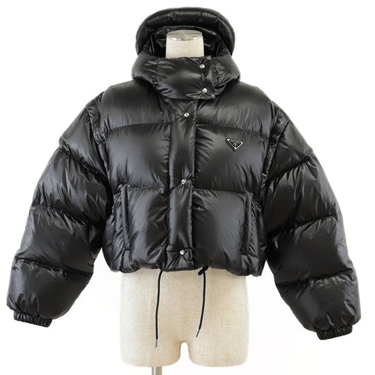 PRADA Down jacket [Outer material] 100% recycled polyamide [Lining] 100% recycled polyamide [Filling] 90% down, 10% feather [Leather part] Calf leather black Women 36 Used Authentic