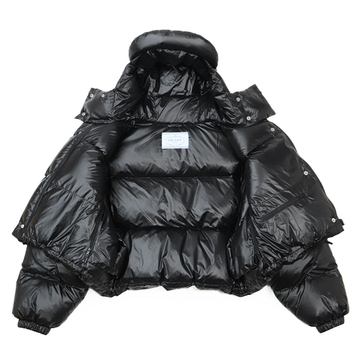 PRADA Down jacket [Outer material] 100% recycled polyamide [Lining] 100% recycled polyamide [Filling] 90% down, 10% feather [Leather part] Calf leather black Women 36 Used Authentic