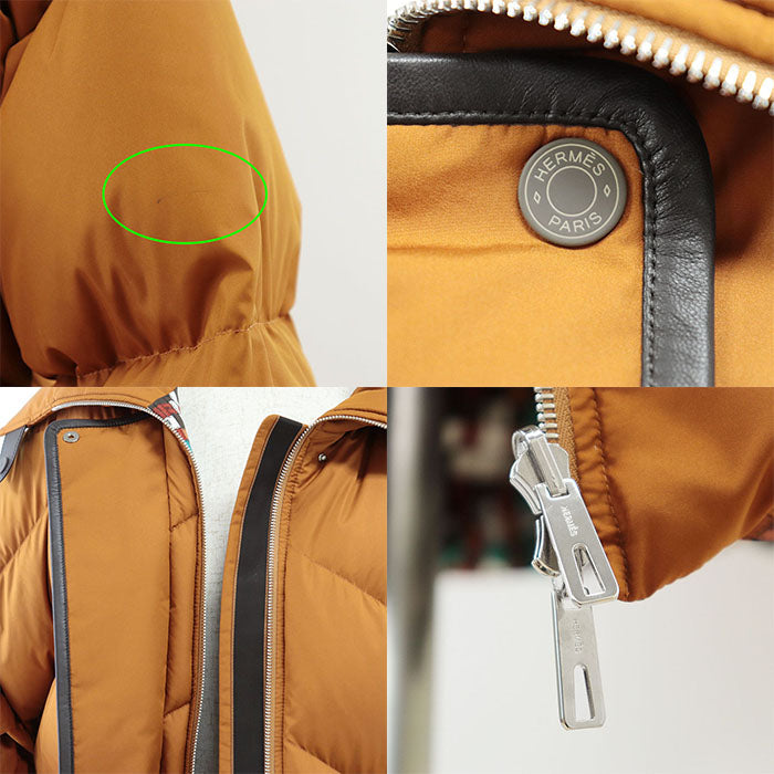 HERMES Down jacket [Outer material] 100% polyester; [Lining] 98% polyester, 2% polyurethane; [Filling] 90% down, 10% feather; [Knitted part] 80% virgin wool Orange Women 36 Used Authentic