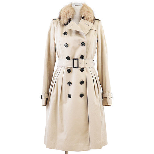 BURBERRY LONDON coat 01602-01 100% cotton [fur] fox [leather] cowhide beige Women 38 Used Authentic