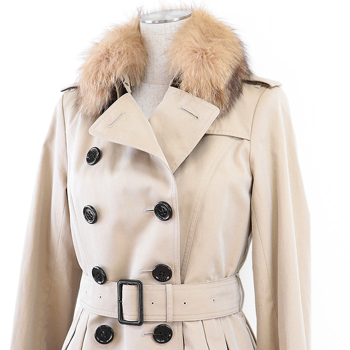 BURBERRY LONDON coat 01602-01 100% cotton [fur] fox [leather] cowhide beige Women 38 Used Authentic