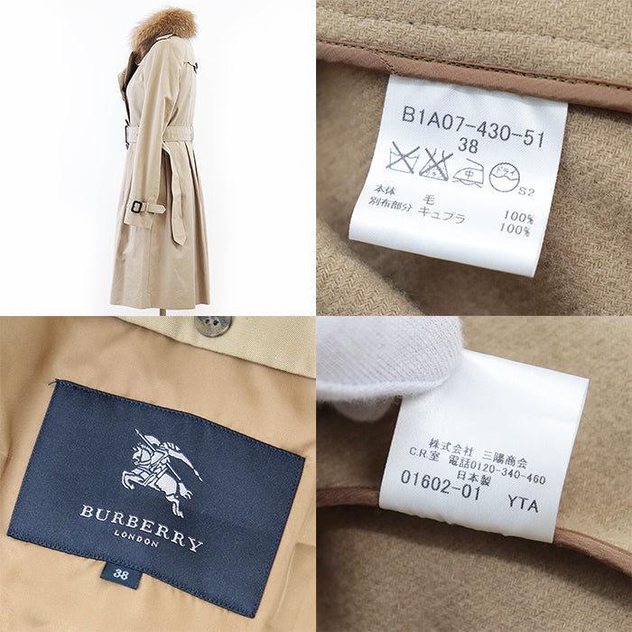 BURBERRY LONDON coat 01602-01 100% cotton [fur] fox [leather] cowhide beige Women 38 Used Authentic