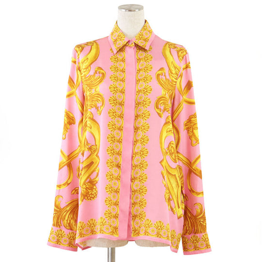 VERSACE Long sleeve shirt 70% rayon, 30% silk Pink gold Women 40 Used Authentic