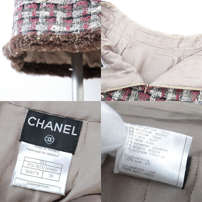 CHANEL skirt [Outer fabric] 42% silk, 19% nylon [Lining] 100% silk [Other fabric] 100% rabbit Burgundy Khaki Women 38 Used Authentic