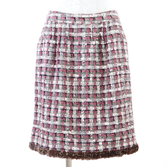 CHANEL skirt [Outer fabric] 42% silk, 19% nylon [Lining] 100% silk [Other fabric] 100% rabbit Burgundy Khaki Women 38 Used Authentic
