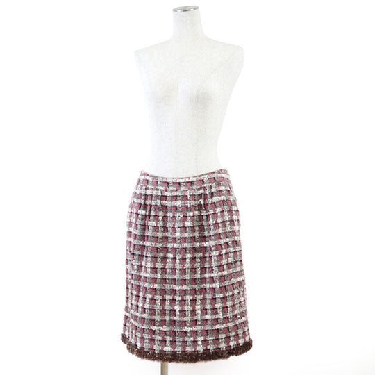 CHANEL skirt [Outer fabric] 42% silk, 19% nylon [Lining] 100% silk [Other fabric] 100% rabbit Burgundy Khaki Women 38 Used Authentic