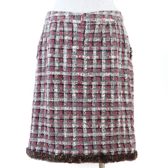 CHANEL skirt [Outer fabric] 42% silk, 19% nylon [Lining] 100% silk [Other fabric] 100% rabbit Burgundy Khaki Women 38 Used Authentic