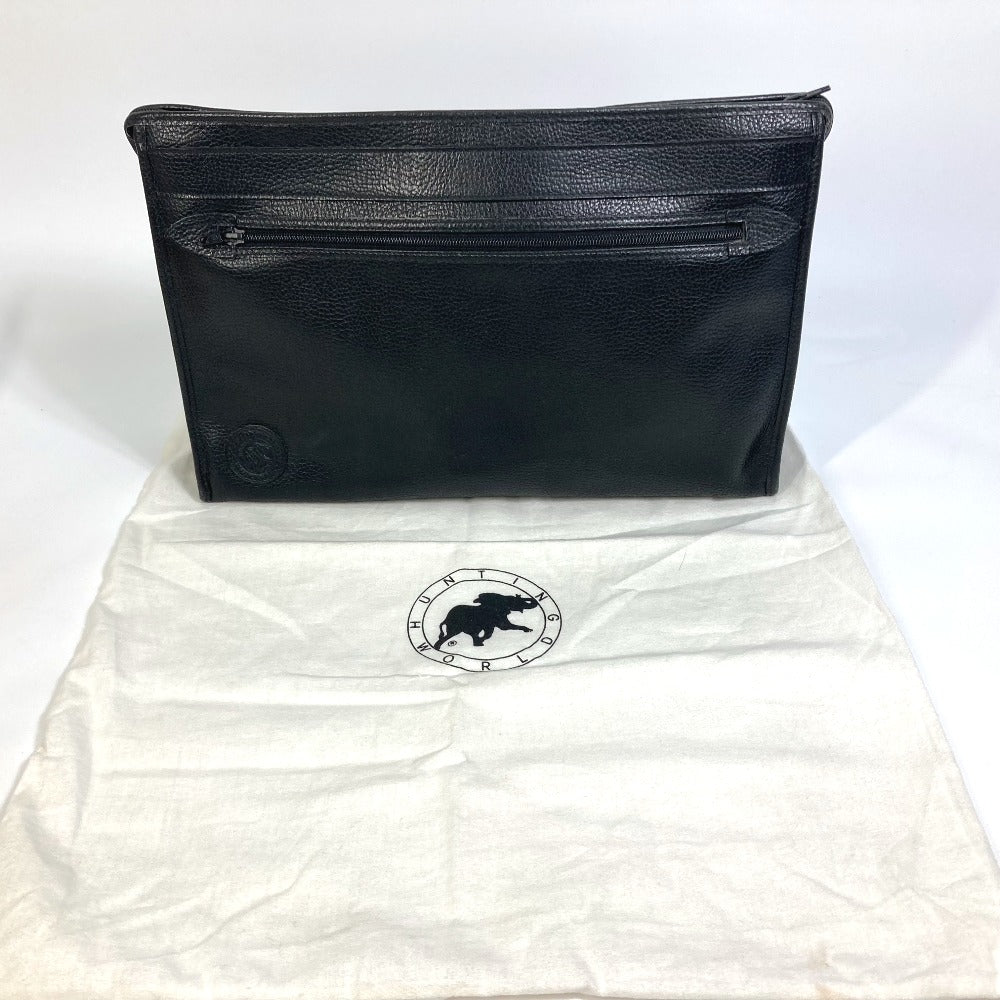 HUNTING WORLD Clutch bag leather black logo business bag mens Used Authentic