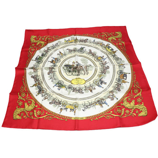 HERMES scarf silk Red Carre90 promenade LA PROMENADE DE LONGCHAMPS Women Used Authentic