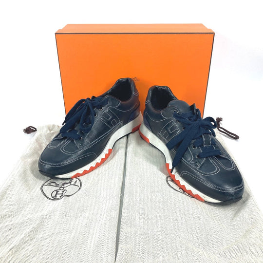 HERMES sneakers leather Navy H logo 43