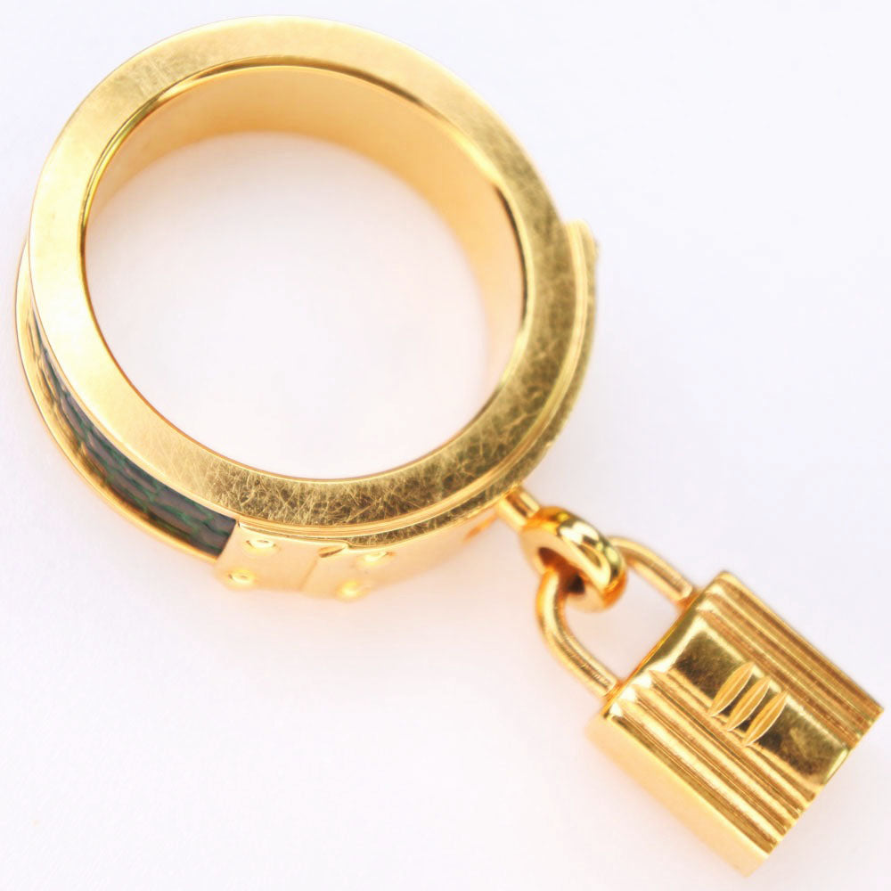 HERMES Scarf ring Leather brass gold Cadena motif Kelly Women Used Authentic